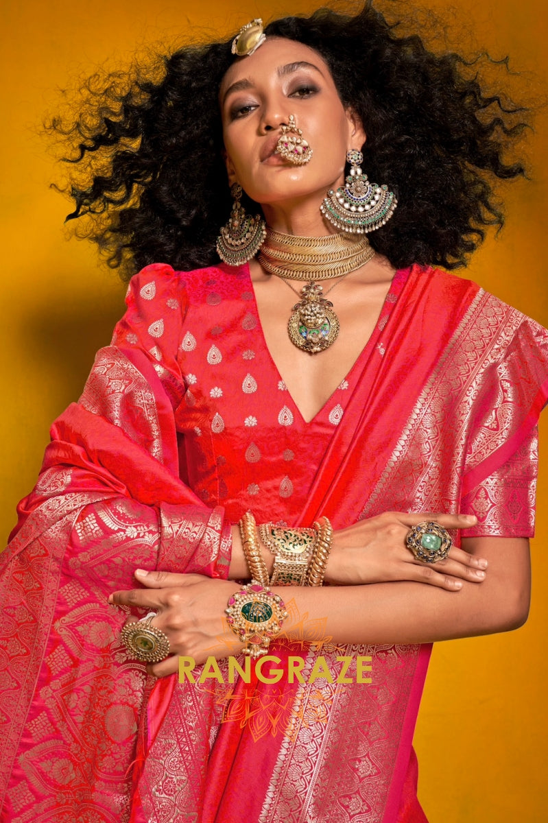 Royal Red Banarasi Two-Tone Handloom Silk Saree with Intricate Zari Weaving
