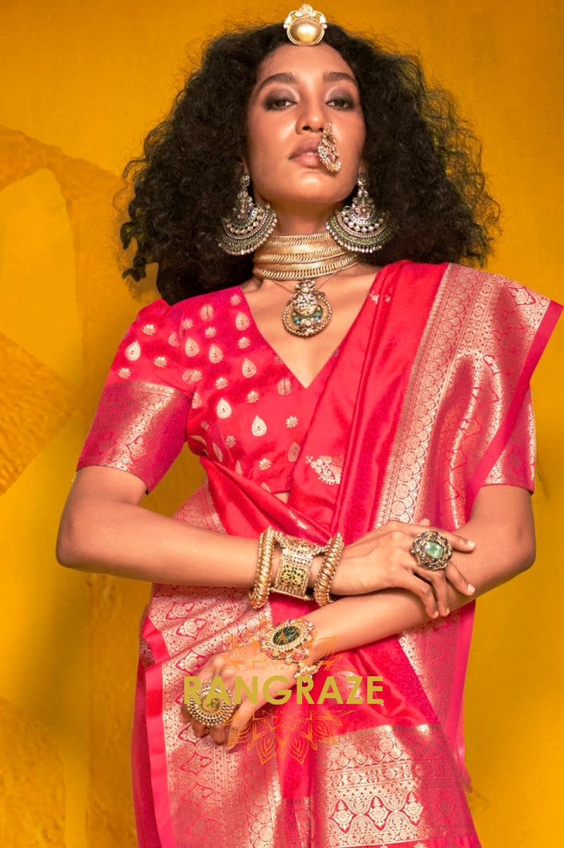 Royal Red Banarasi Two-Tone Handloom Silk Saree with Intricate Zari Weaving