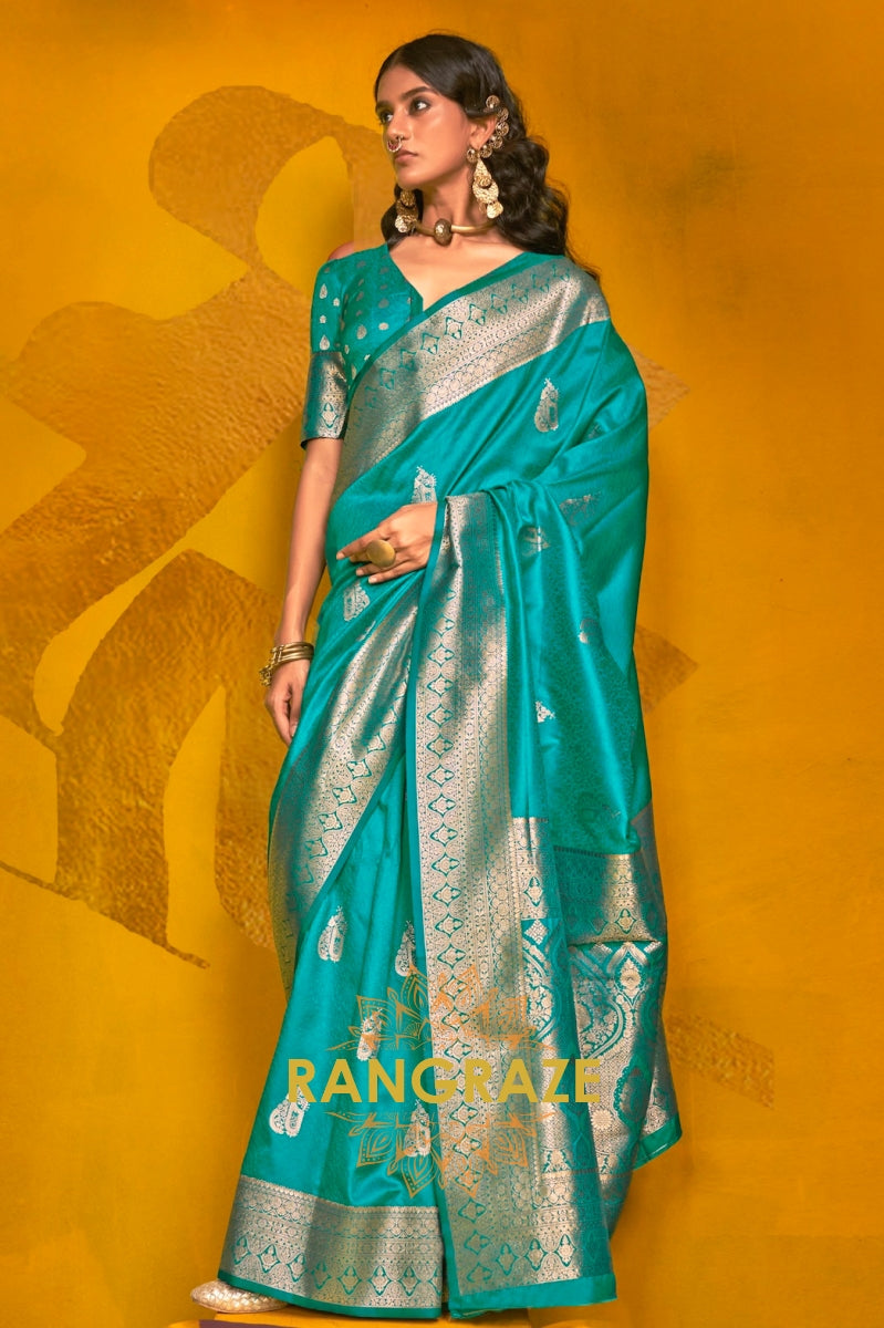 Teal Banarasi Handloom Silk Saree with Zari Weaving Work