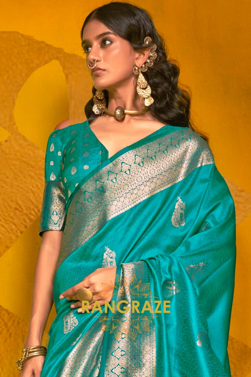 Teal Banarasi Handloom Silk Saree with Zari Weaving Work