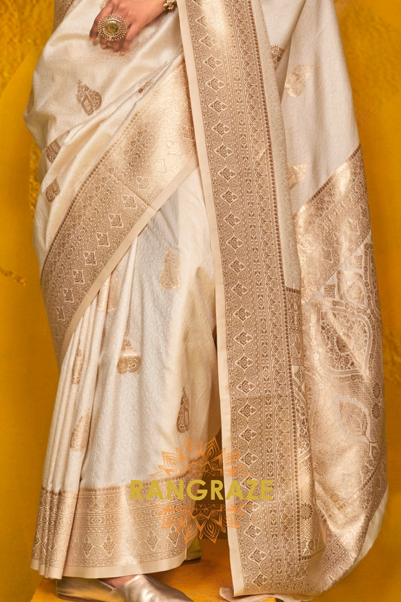Ivory Gold Banarasi Handloom Weaving Silk Saree with Zari Detailing