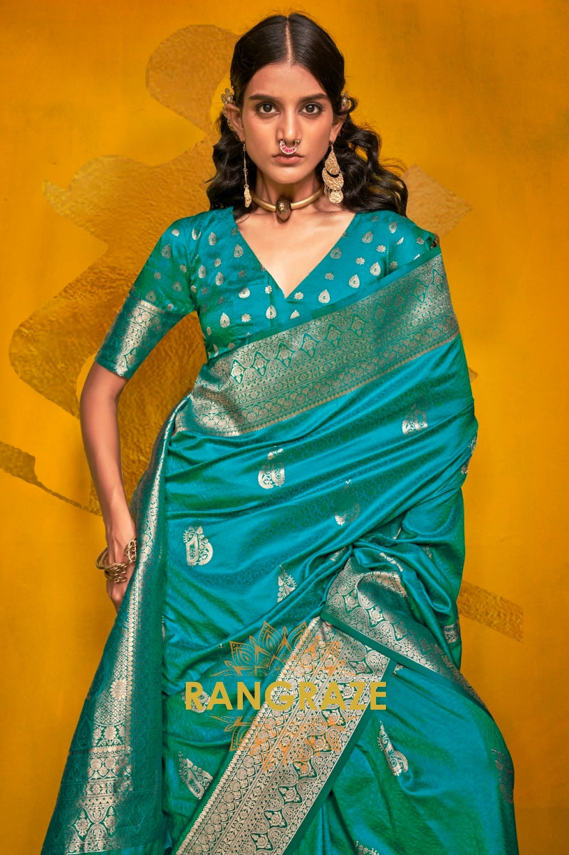 Teal Banarasi Handloom Silk Saree with Zari Weaving Work
