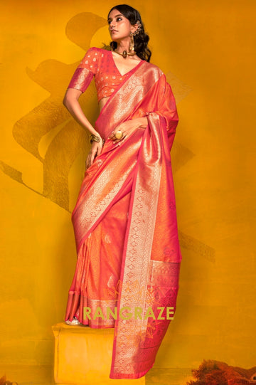 Radiant Coral Banarasi Silk Saree with Intricate Zari Weaving