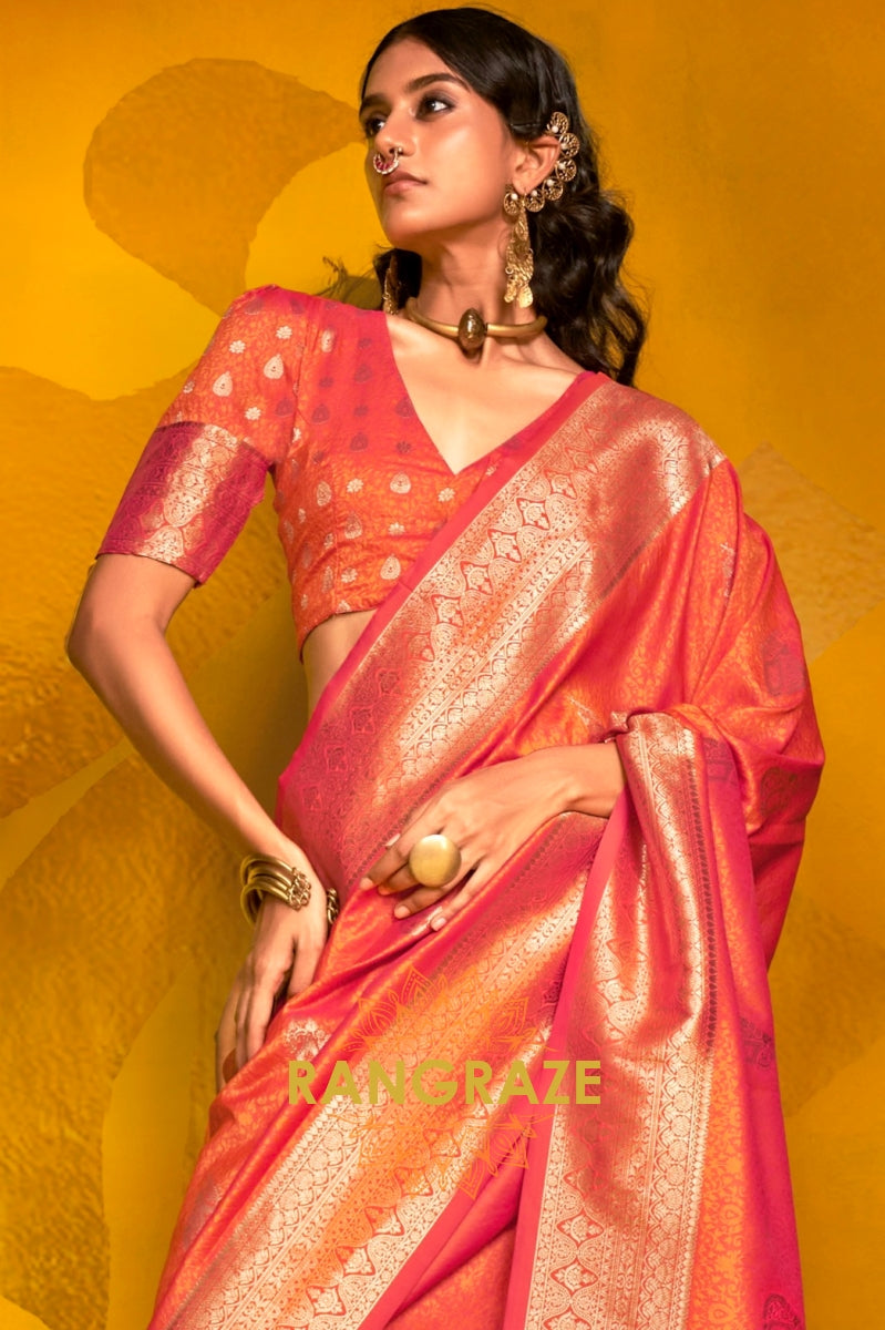 Radiant Coral Banarasi Silk Saree with Intricate Zari Weaving