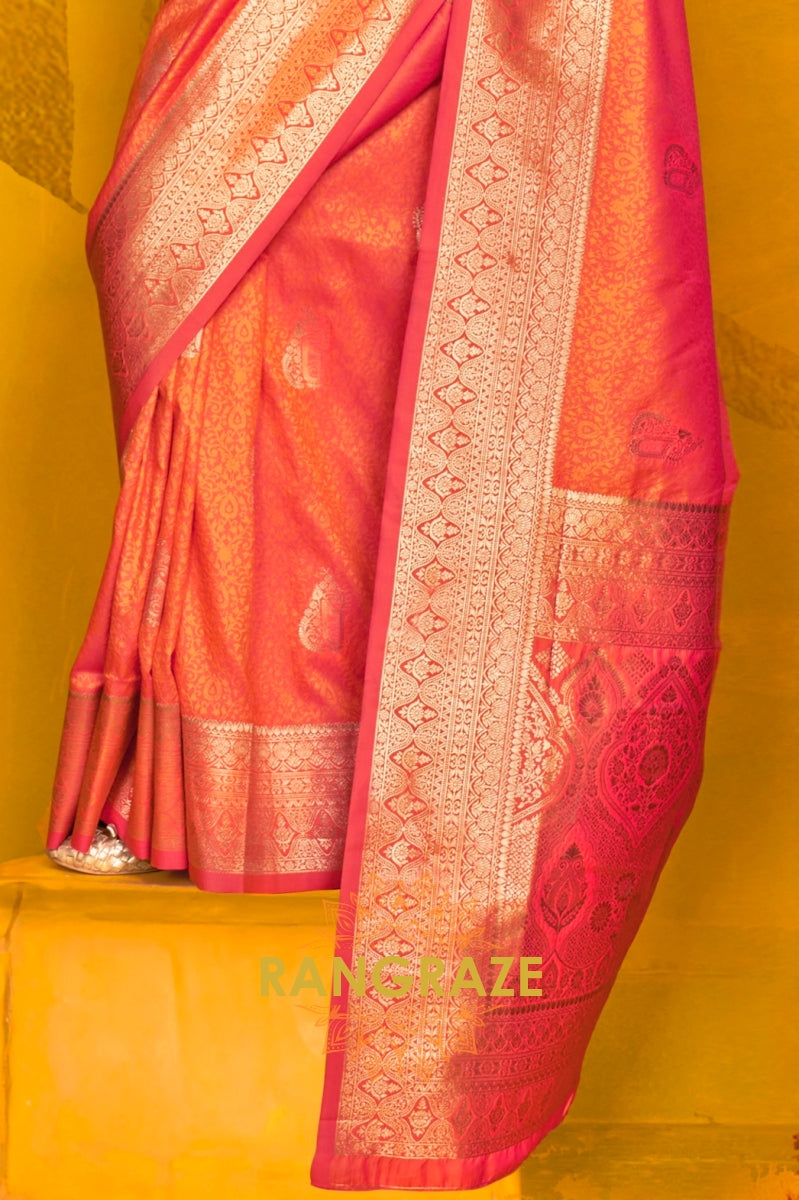 Radiant Coral Banarasi Silk Saree with Intricate Zari Weaving