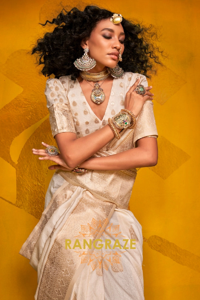 Ivory Gold Banarasi Handloom Weaving Silk Saree with Zari Detailing