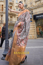 Regal Grey Printed Brasso Handloom Weaving Soft Silk Saree