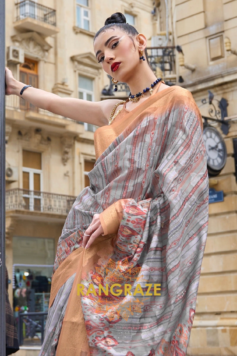 Regal Grey Printed Brasso Handloom Weaving Soft Silk Saree