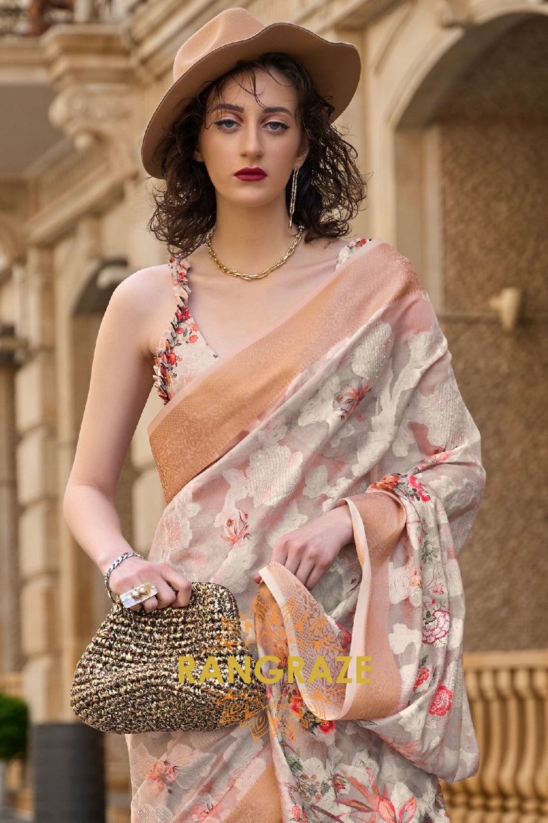 Regal Beige Printed Brasso Handloom Weaving Soft Silk Saree