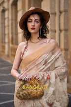 Regal Beige Printed Brasso Handloom Weaving Soft Silk Saree