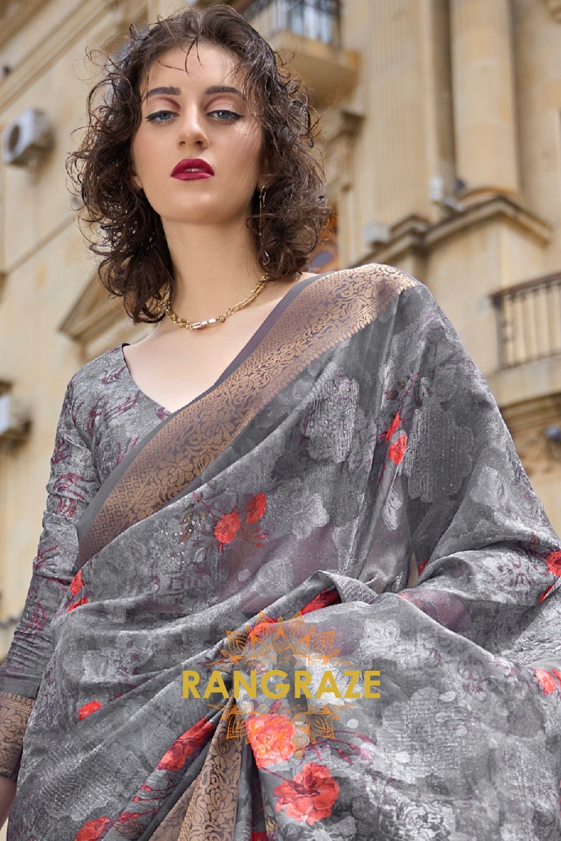 Regal Jet Black Printed Brasso Handloom Weaving Soft Silk Saree