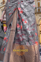 Regal Jet Black Printed Brasso Handloom Weaving Soft Silk Saree