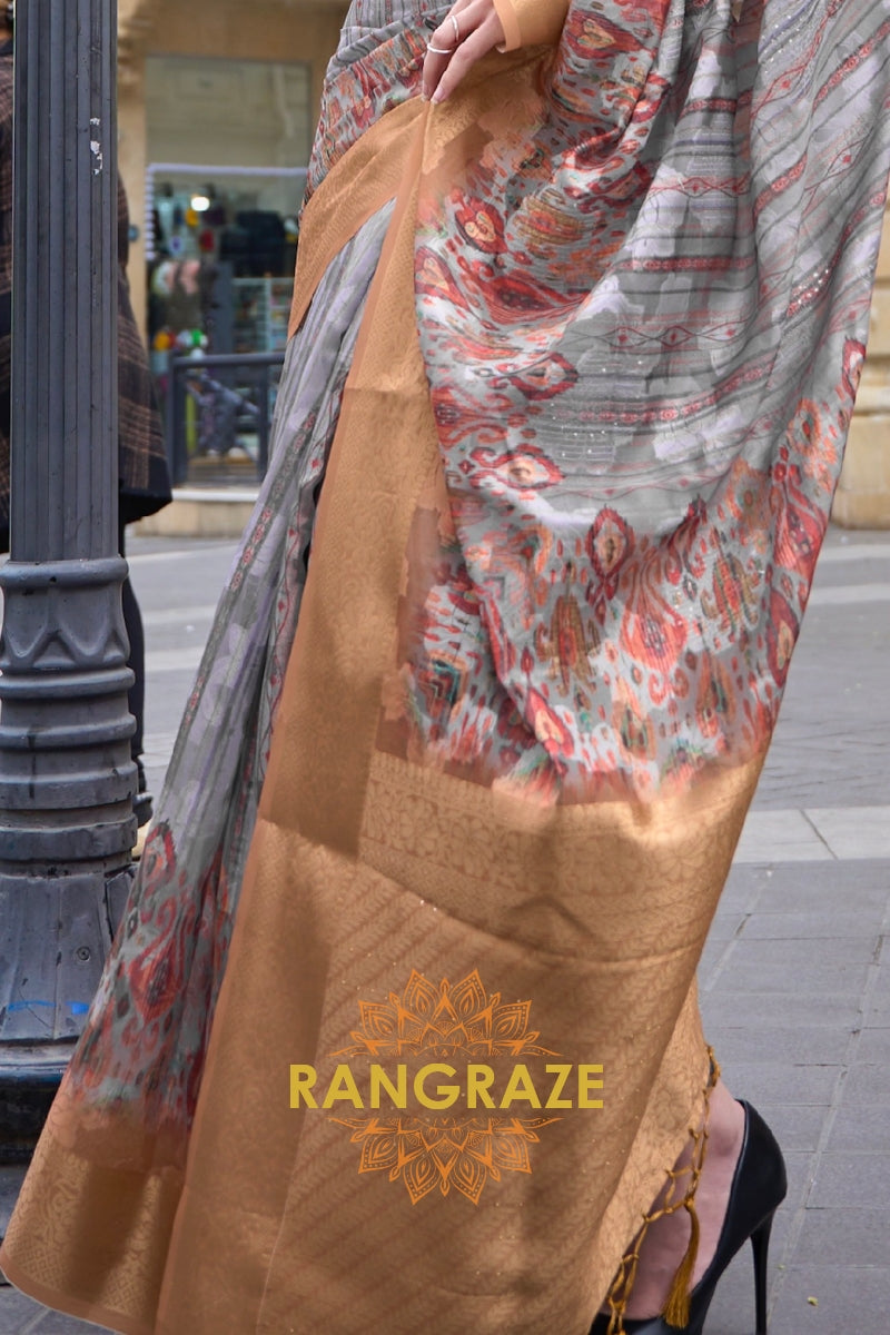 Regal Grey Printed Brasso Handloom Weaving Soft Silk Saree