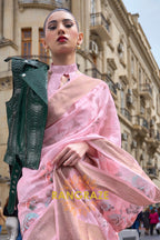 Regal Pink Printed Brasso Handloom Weaving Soft Silk Saree
