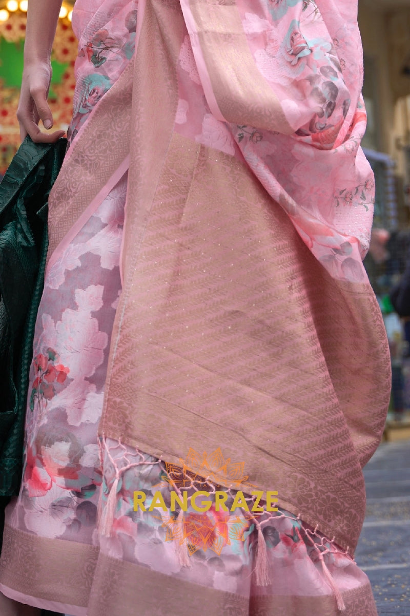 Regal Pink Printed Brasso Handloom Weaving Soft Silk Saree