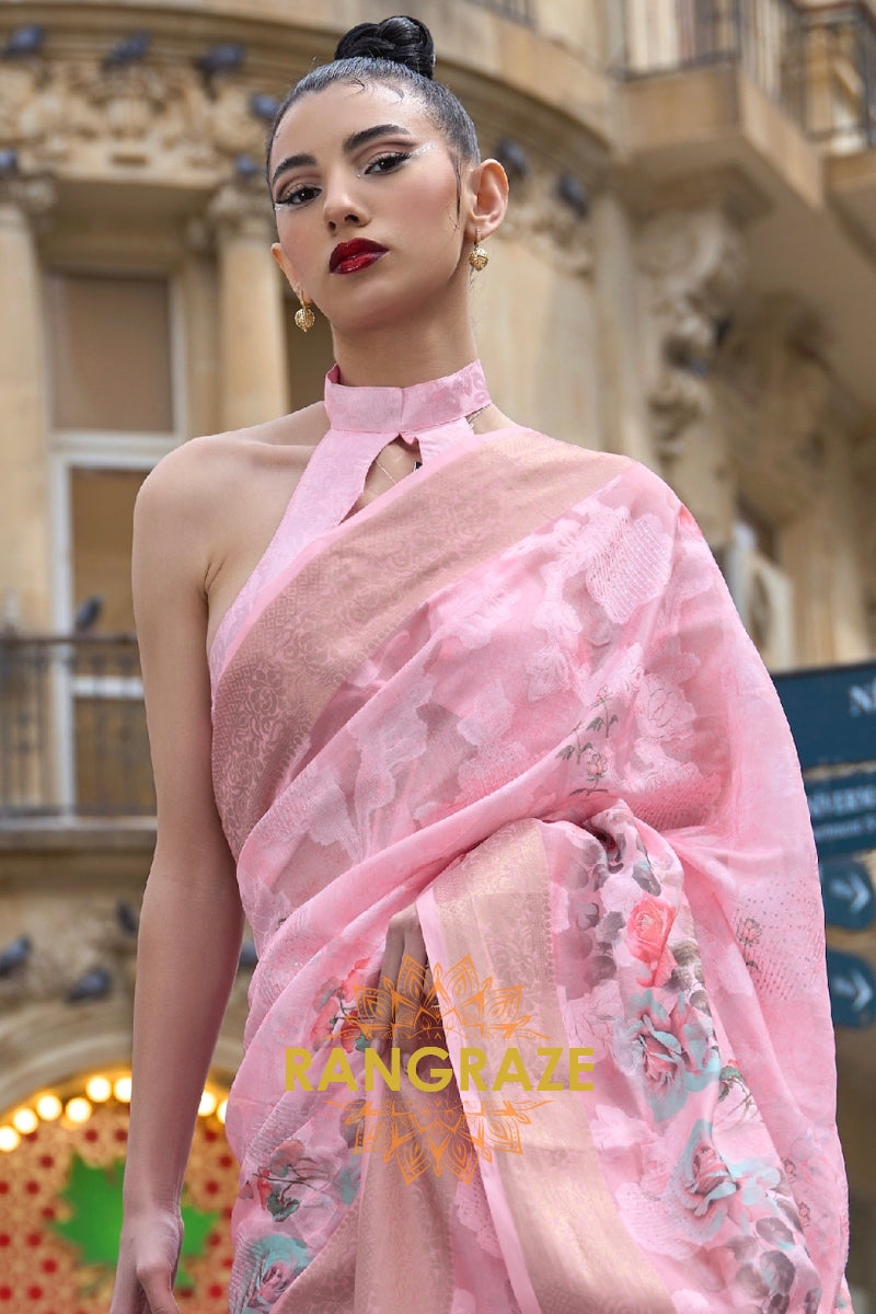 Regal Pink Printed Brasso Handloom Weaving Soft Silk Saree