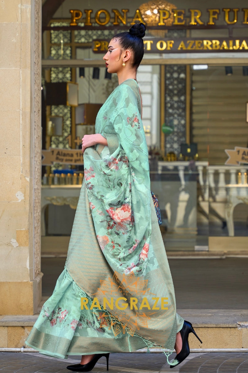 Regal Sea Green Printed Brasso Handloom Weaving Soft Silk Saree