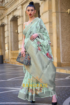 Regal Sea Green Printed Brasso Handloom Weaving Soft Silk Saree