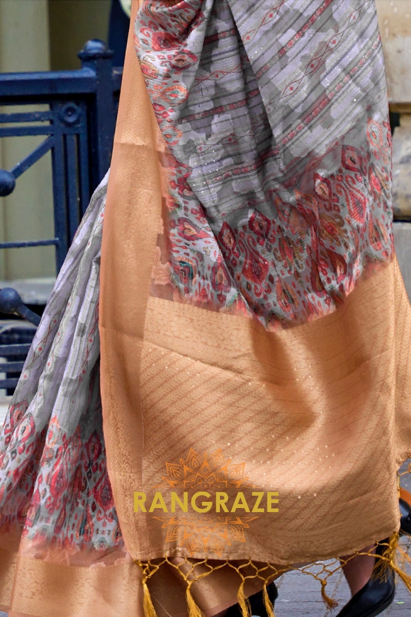 Regal Grey Printed Brasso Handloom Weaving Soft Silk Saree