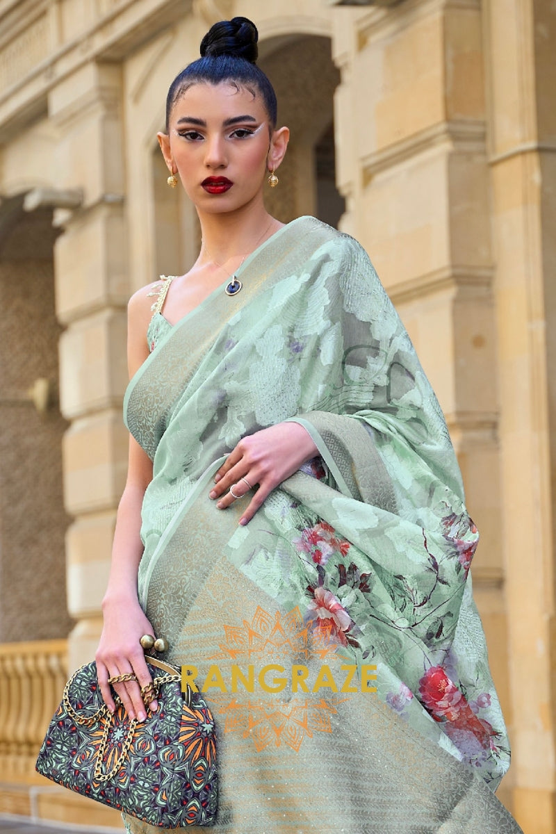 Regal Sea Green Printed Brasso Handloom Weaving Soft Silk Saree