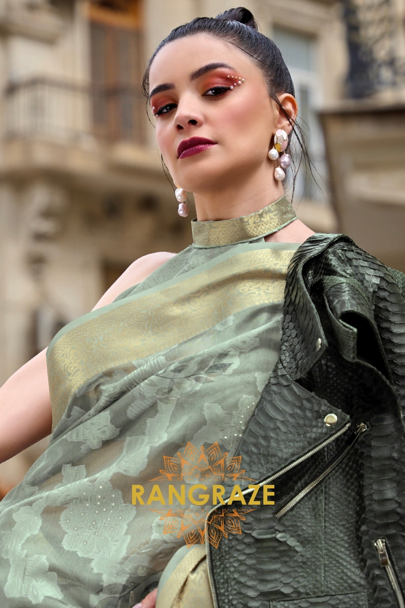 Regal Olive Green Printed Brasso Handloom Weaving Soft Silk Saree