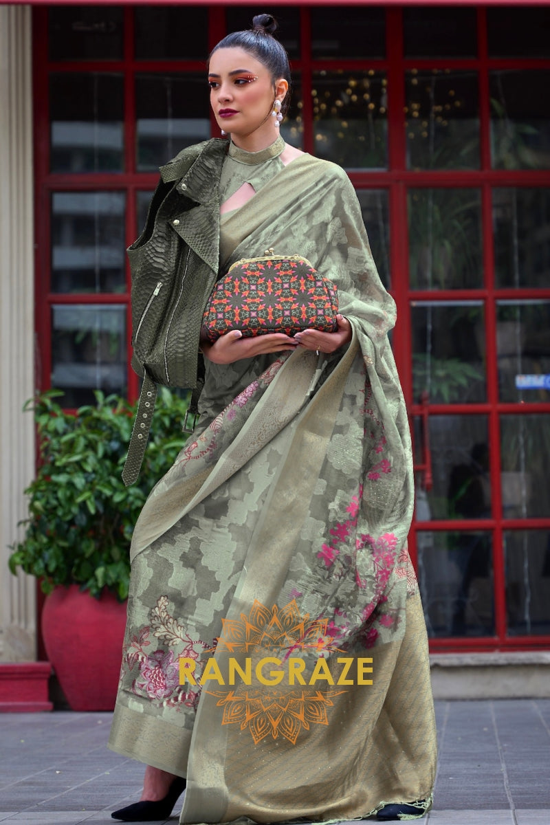 Regal Olive Green Printed Brasso Handloom Weaving Soft Silk Saree