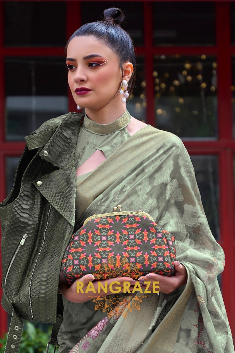 Regal Olive Green Printed Brasso Handloom Weaving Soft Silk Saree