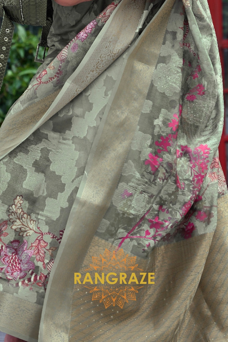 Regal Olive Green Printed Brasso Handloom Weaving Soft Silk Saree