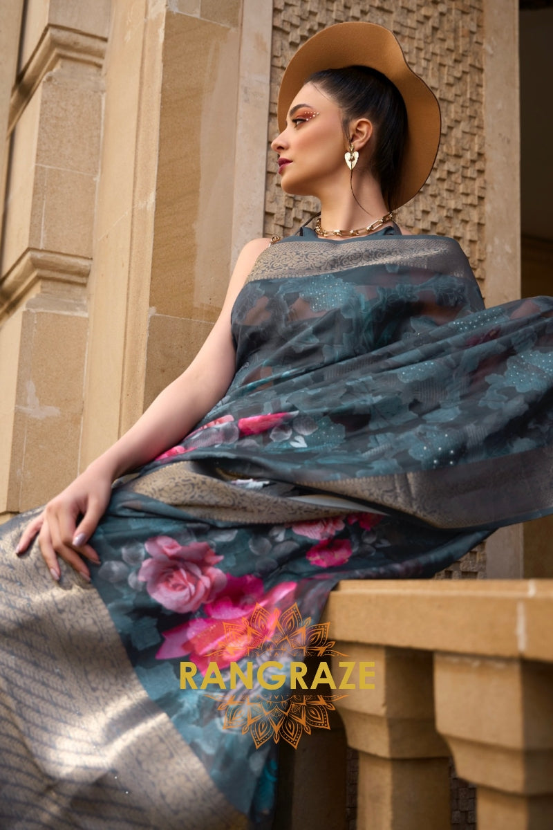 Regal Greyish Green Printed Brasso Handloom Weaving Soft Silk Saree