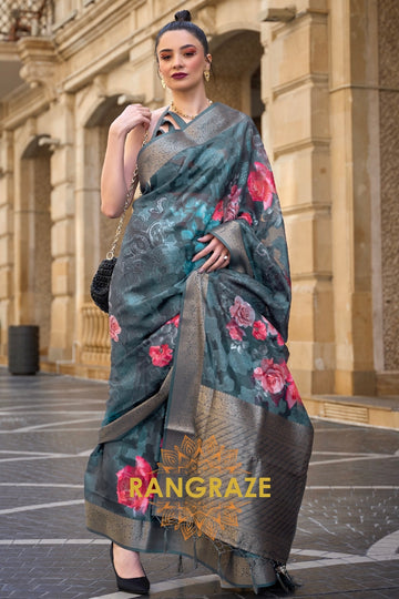 Regal Greyish Green Printed Brasso Handloom Weaving Soft Silk Saree