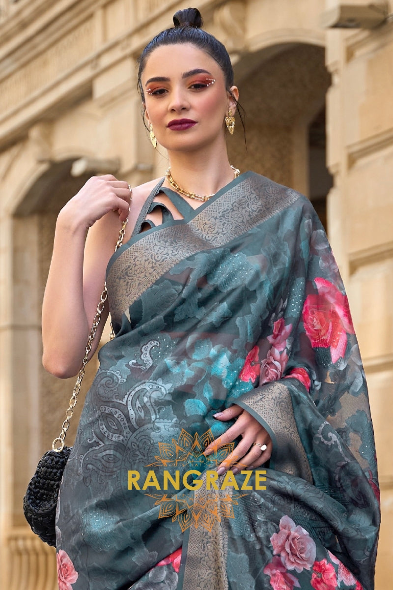 Regal Greyish Green Printed Brasso Handloom Weaving Soft Silk Saree