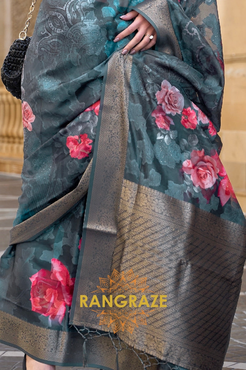 Regal Greyish Green Printed Brasso Handloom Weaving Soft Silk Saree