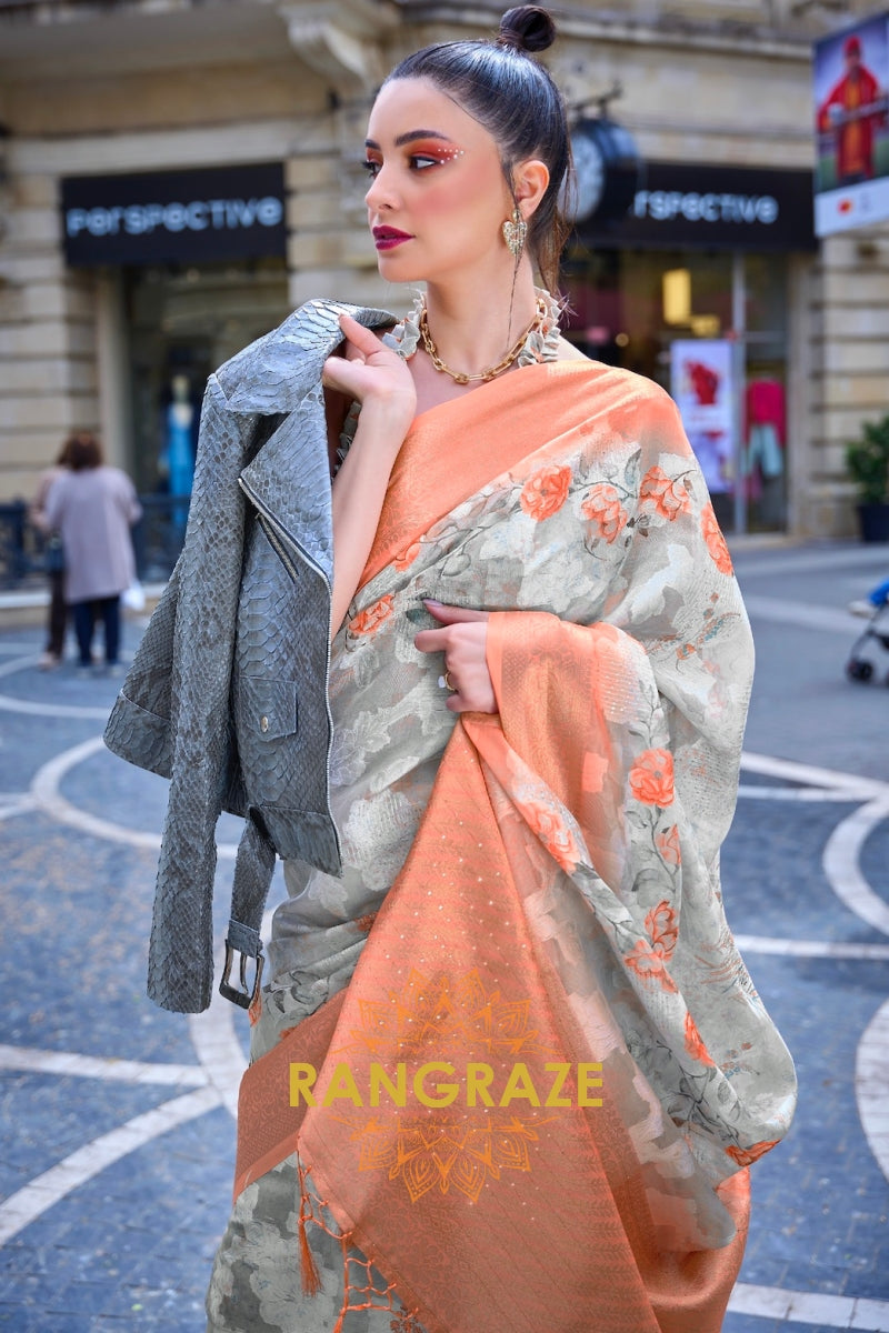 Regal Pearly Beige Printed Brasso Handloom Weaving Soft Silk Saree