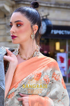 Regal Pearly Beige Printed Brasso Handloom Weaving Soft Silk Saree