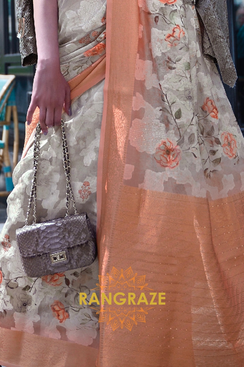 Regal Pearly Beige Printed Brasso Handloom Weaving Soft Silk Saree