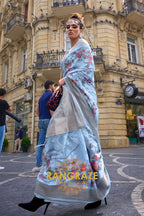 Regal Blue Printed Poly Brasso Handloom Weaving Saree