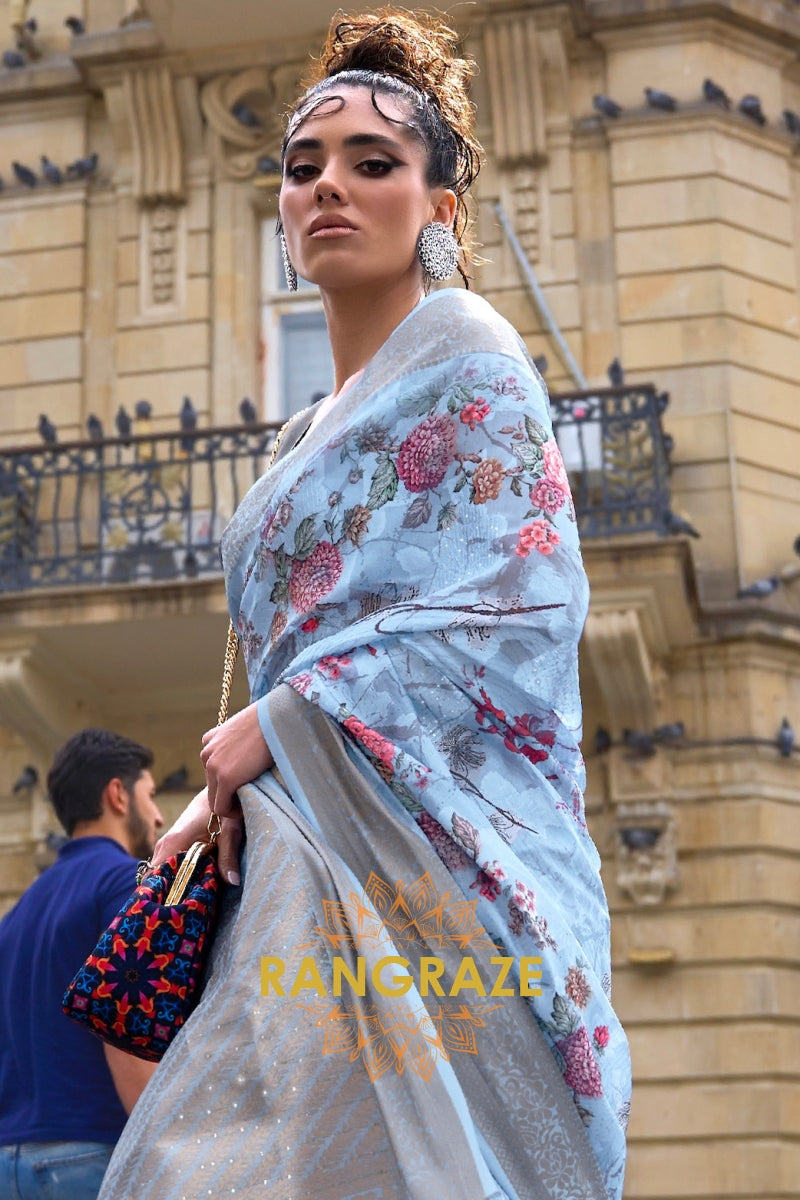 Regal Blue Printed Poly Brasso Handloom Weaving Saree