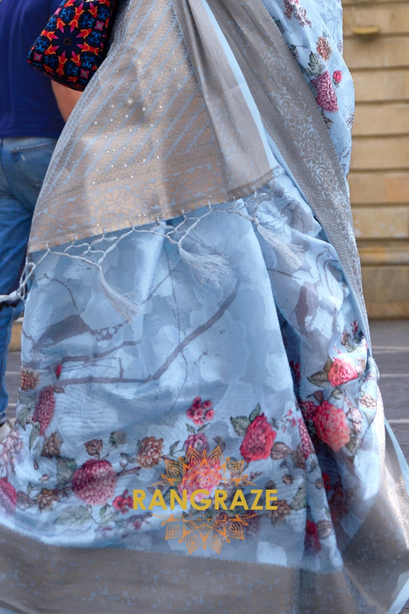Regal Blue Printed Poly Brasso Handloom Weaving Saree