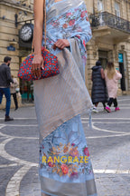 Regal Blue Printed Poly Brasso Handloom Weaving Saree
