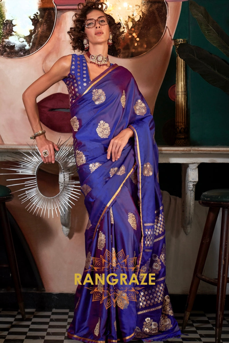 Royal Blue Woven Banarasi Satin Silk Saree