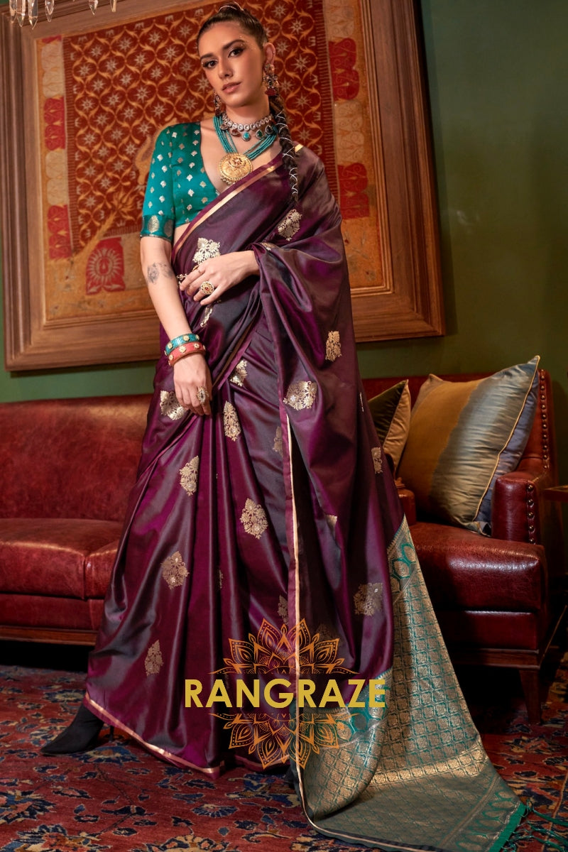 Mulbery Purple Banarasi Satin Silk Saree with Contrast Blouse