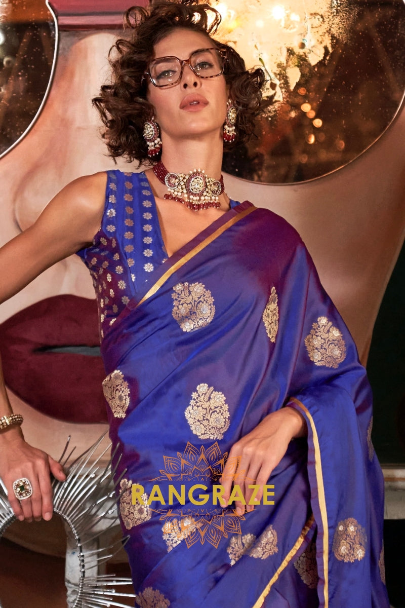 Royal Blue Woven Banarasi Satin Silk Saree