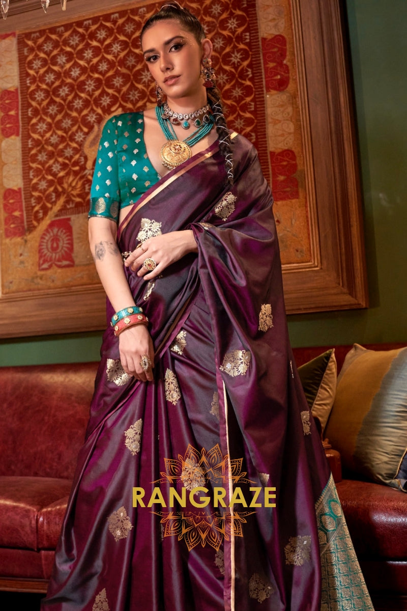 Mulbery Purple Banarasi Satin Silk Saree with Contrast Blouse