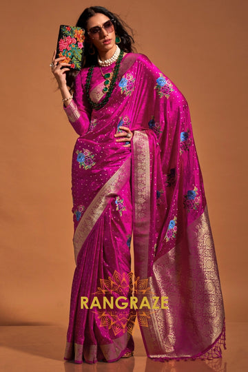 Royal Rani Pink Woven Banarasi Satin Silk Saree