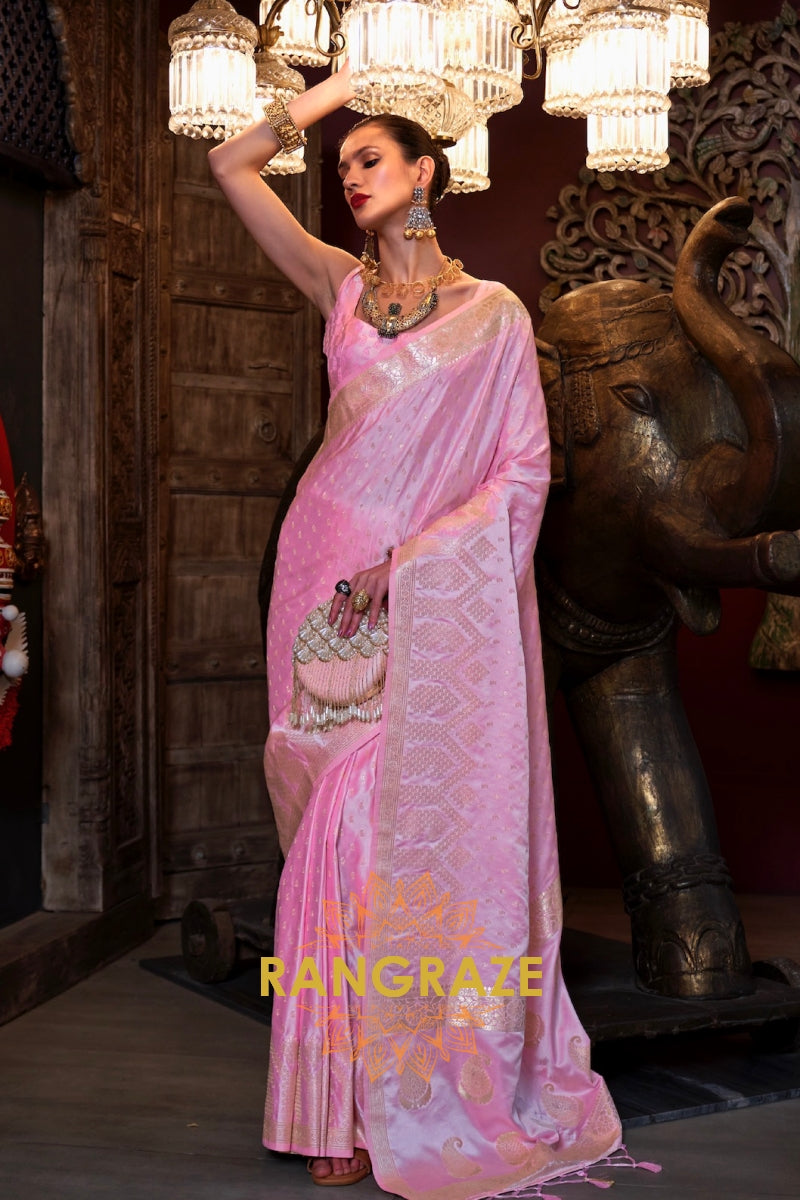 Blush Pink Woven Banarasi Satin Silk Saree