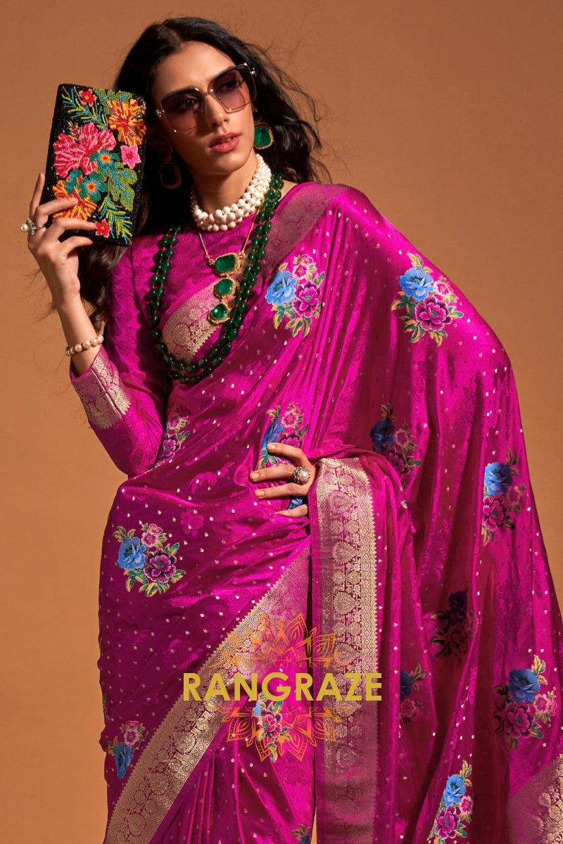 Royal Rani Pink Woven Banarasi Satin Silk Saree