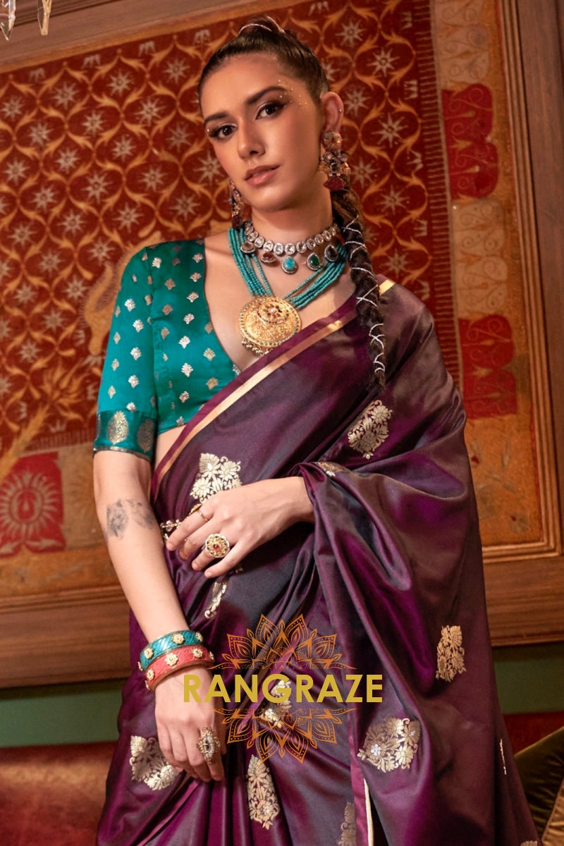 Mulbery Purple Banarasi Satin Silk Saree with Contrast Blouse