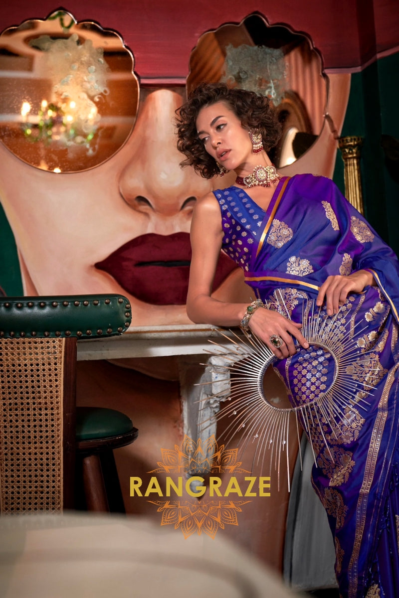 Royal Blue Woven Banarasi Satin Silk Saree
