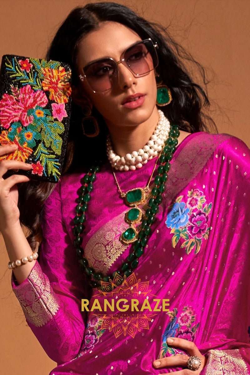 Royal Rani Pink Woven Banarasi Satin Silk Saree