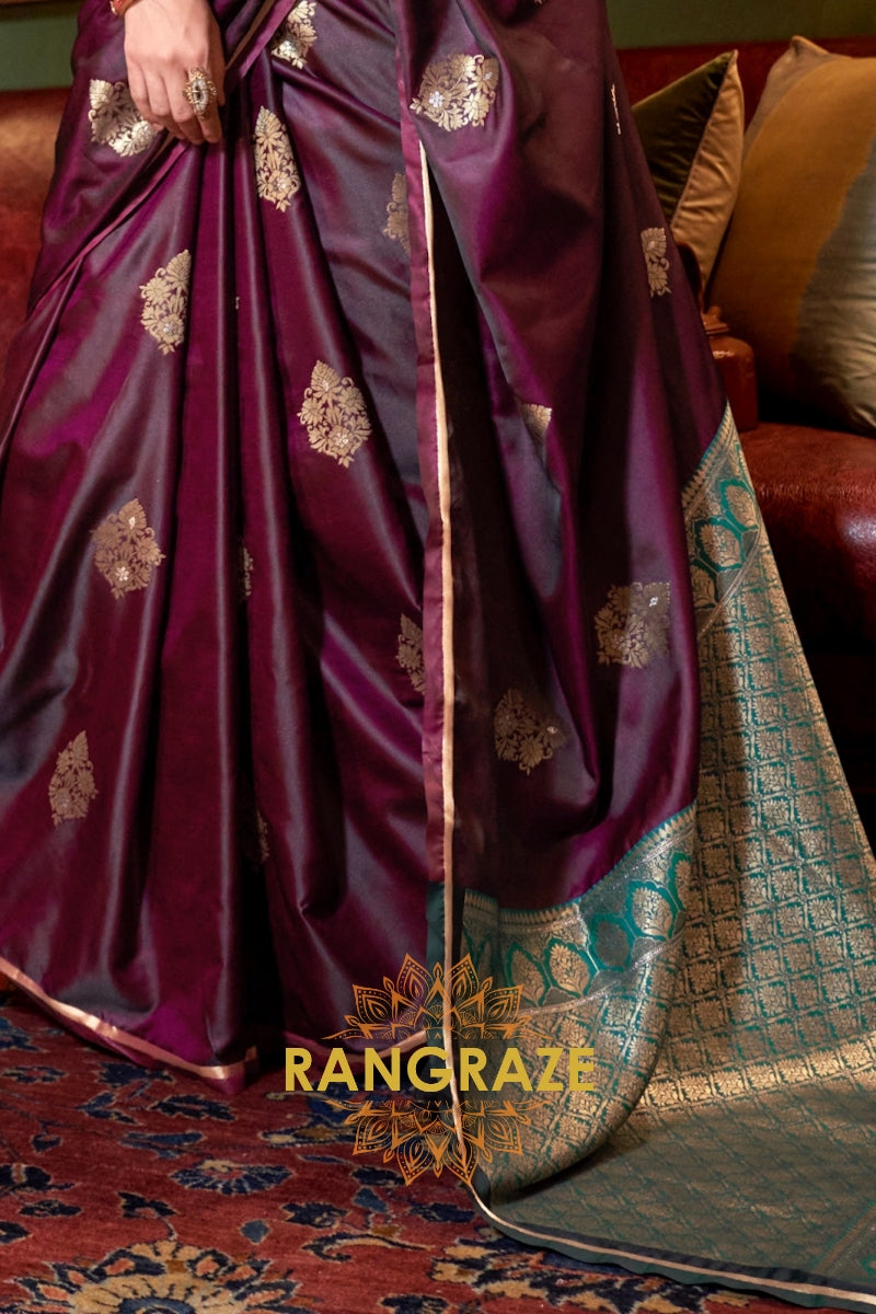 Mulbery Purple Banarasi Satin Silk Saree with Contrast Blouse
